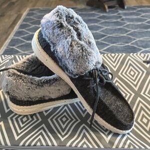 Hey Dude Black and Gray Faux Fur Moccasins